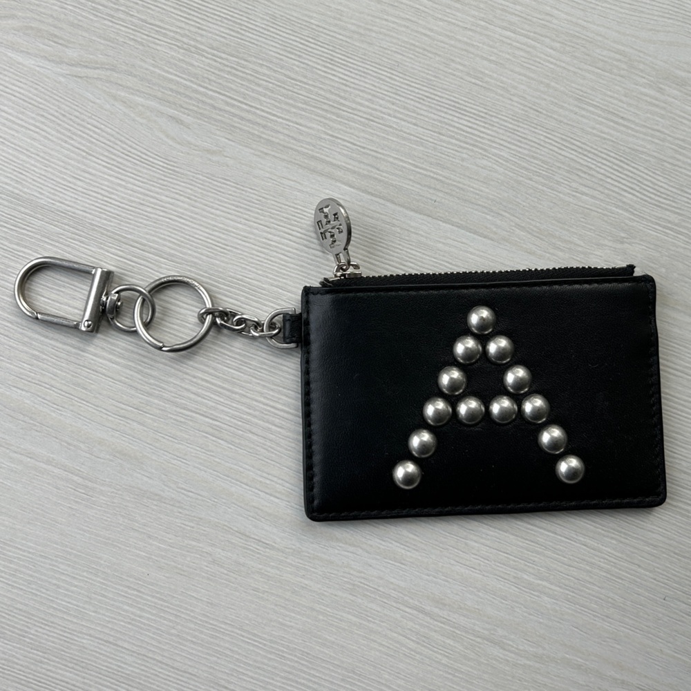 Tory Burch Card Case/Key Ring Studded 'A' Monogram, Leather Snake Print Reverse
